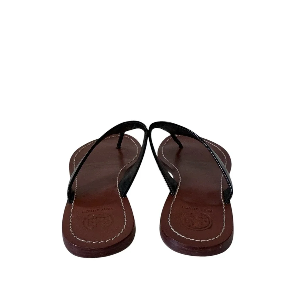 Tory Burch Miller Black Patent Leather Thong Sandals Brown Gold Logo Medallion